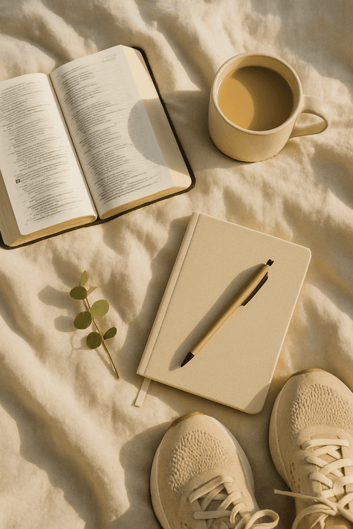 Bible, coffee and running shoes on linen
